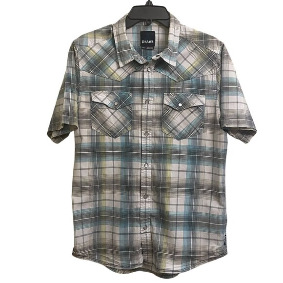 Prana Short Sleeve Pearl Snap Shirt Size Medium Plaid Western Dual Pockets - Picture 4 of 10